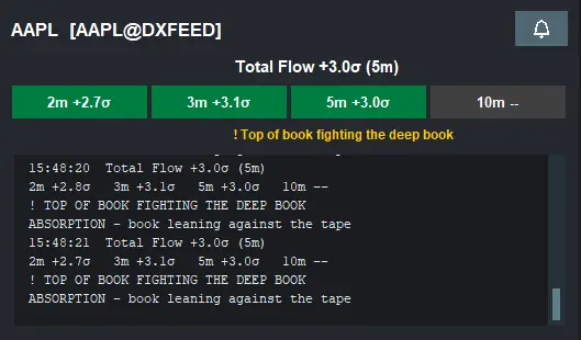 Readout panel with the orange warning line '! TOP OF BOOK FIGHTING THE DEEP BOOK' beneath the ladder