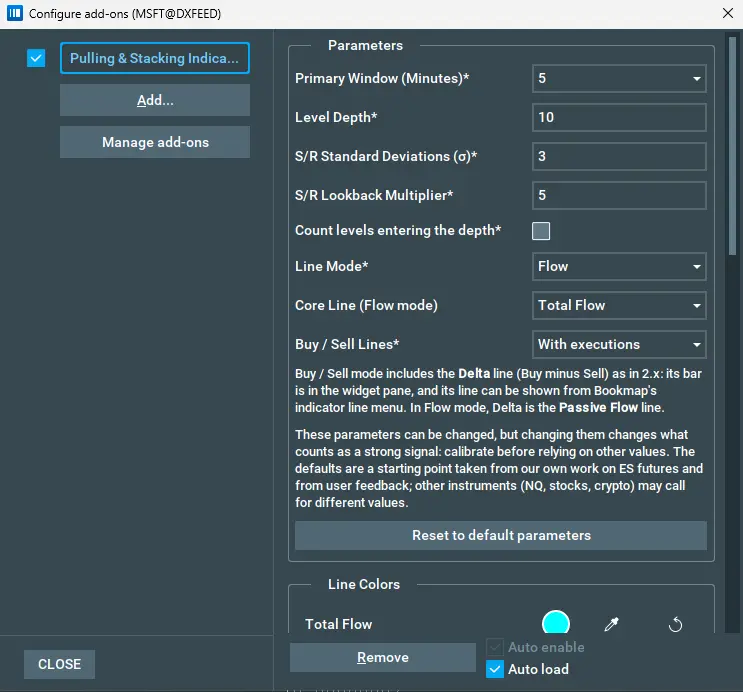 Bookmap Api plugins configuration dialog with Pulling & Stacking Indicator enabled