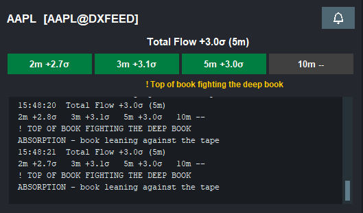 Readout panel with the orange warning line '! TOP OF BOOK FIGHTING THE DEEP BOOK' beneath the ladder