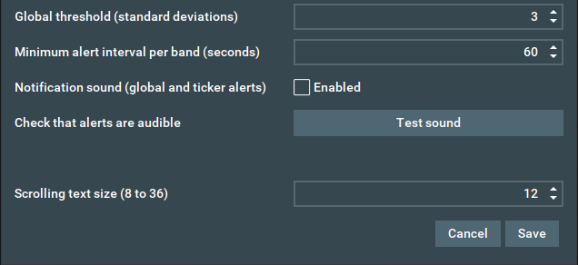 The lower part of Global notification settings: Global threshold, Minimum alert interval per band, Notification sound, Test sound and Scrolling text size